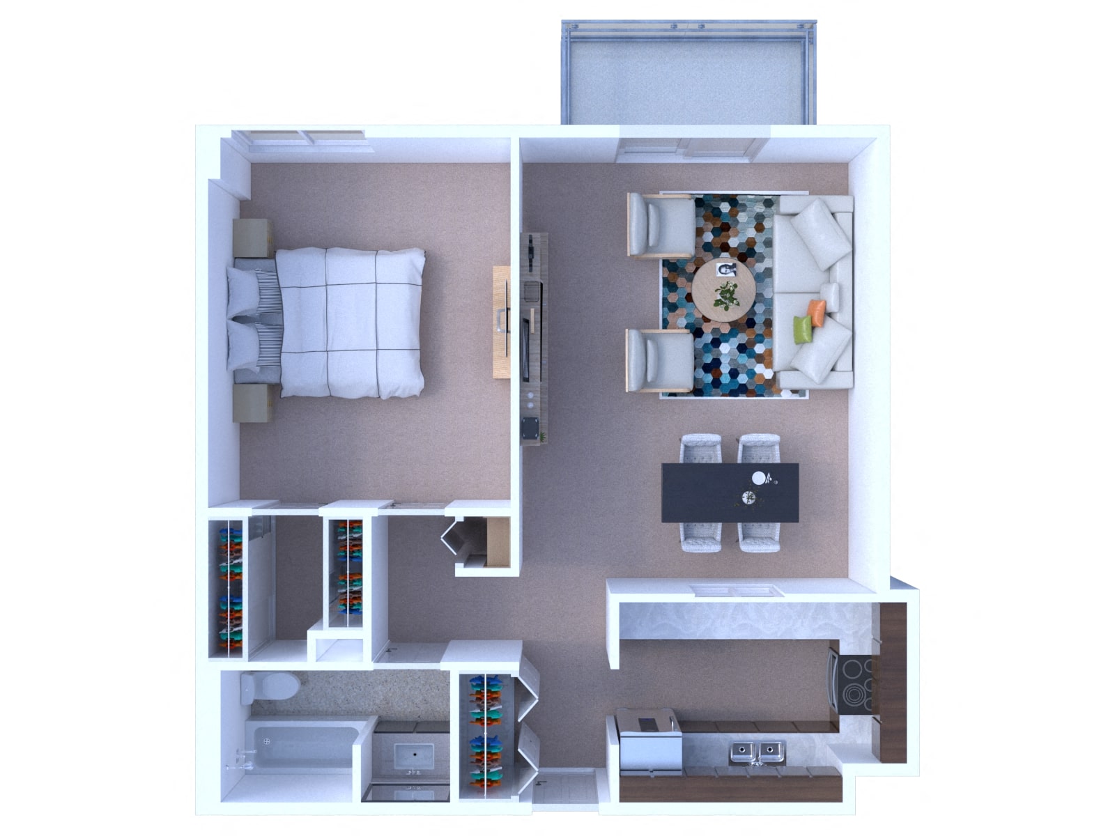 Floor plan for 1 bed, 1 bath, 785 sqft